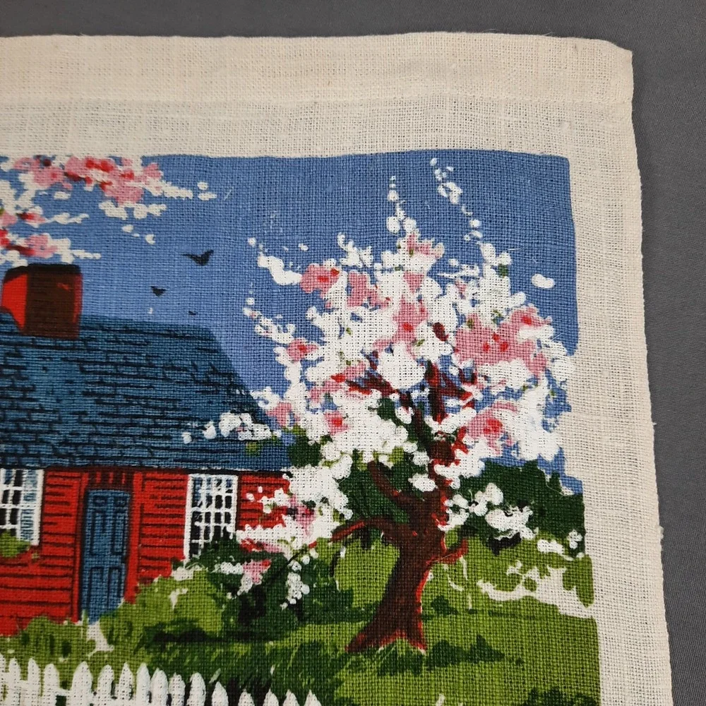 Vintage Linen Calendar Kitchen Towel Bless This House Cottage Floral Trees 1980